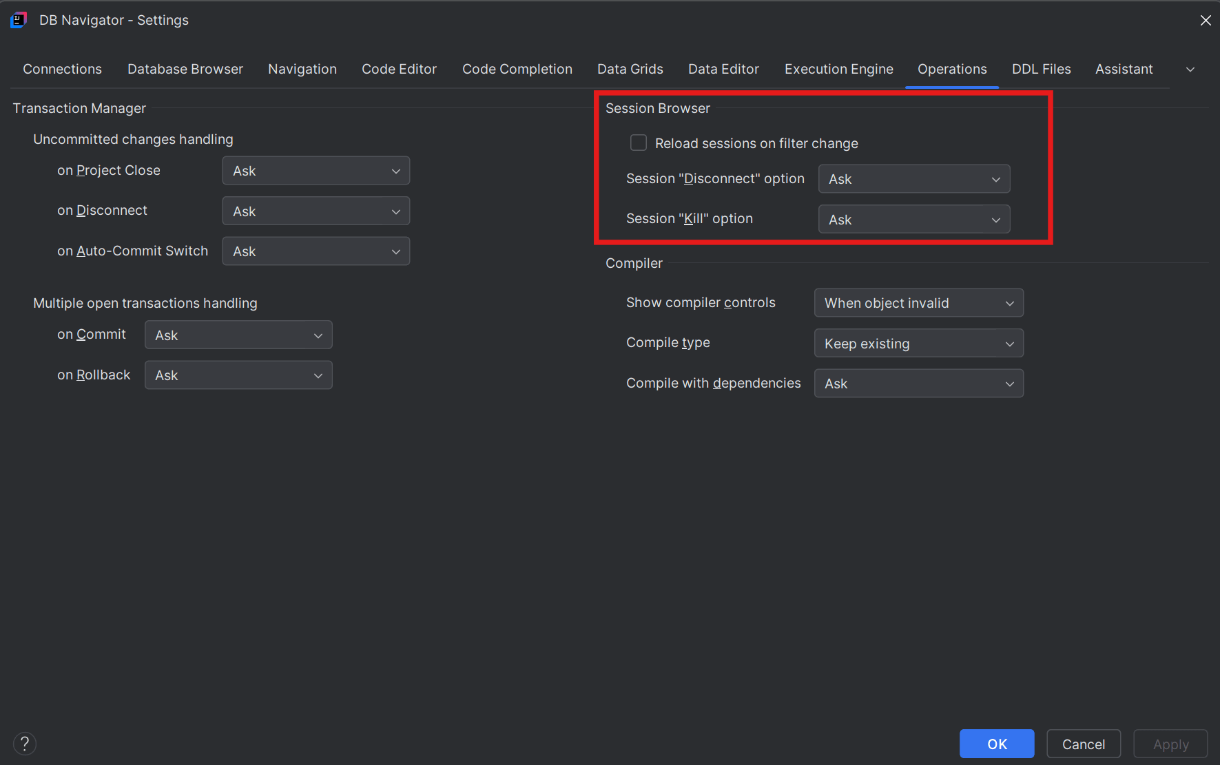 Session browser settings