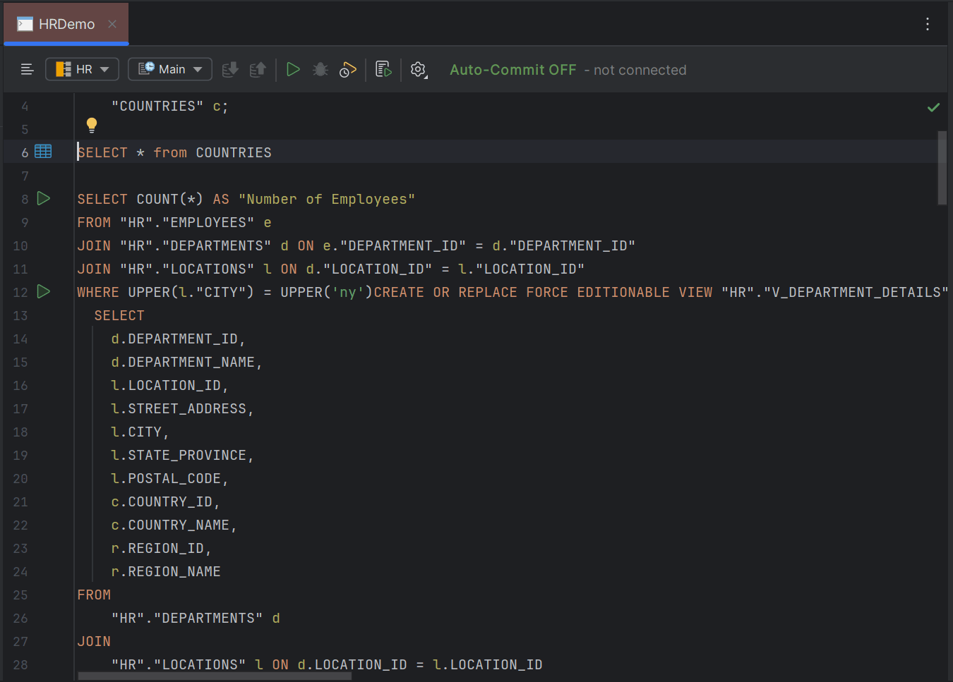 Sample SQL console open in the editor pane