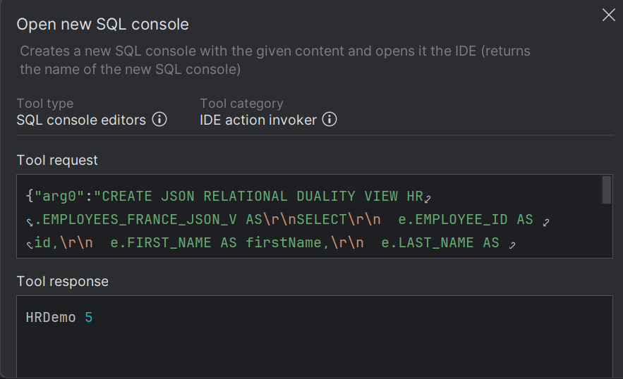 Tool Data window with Tool Request and Response