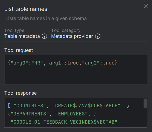 Tool Data window with Tool request and response