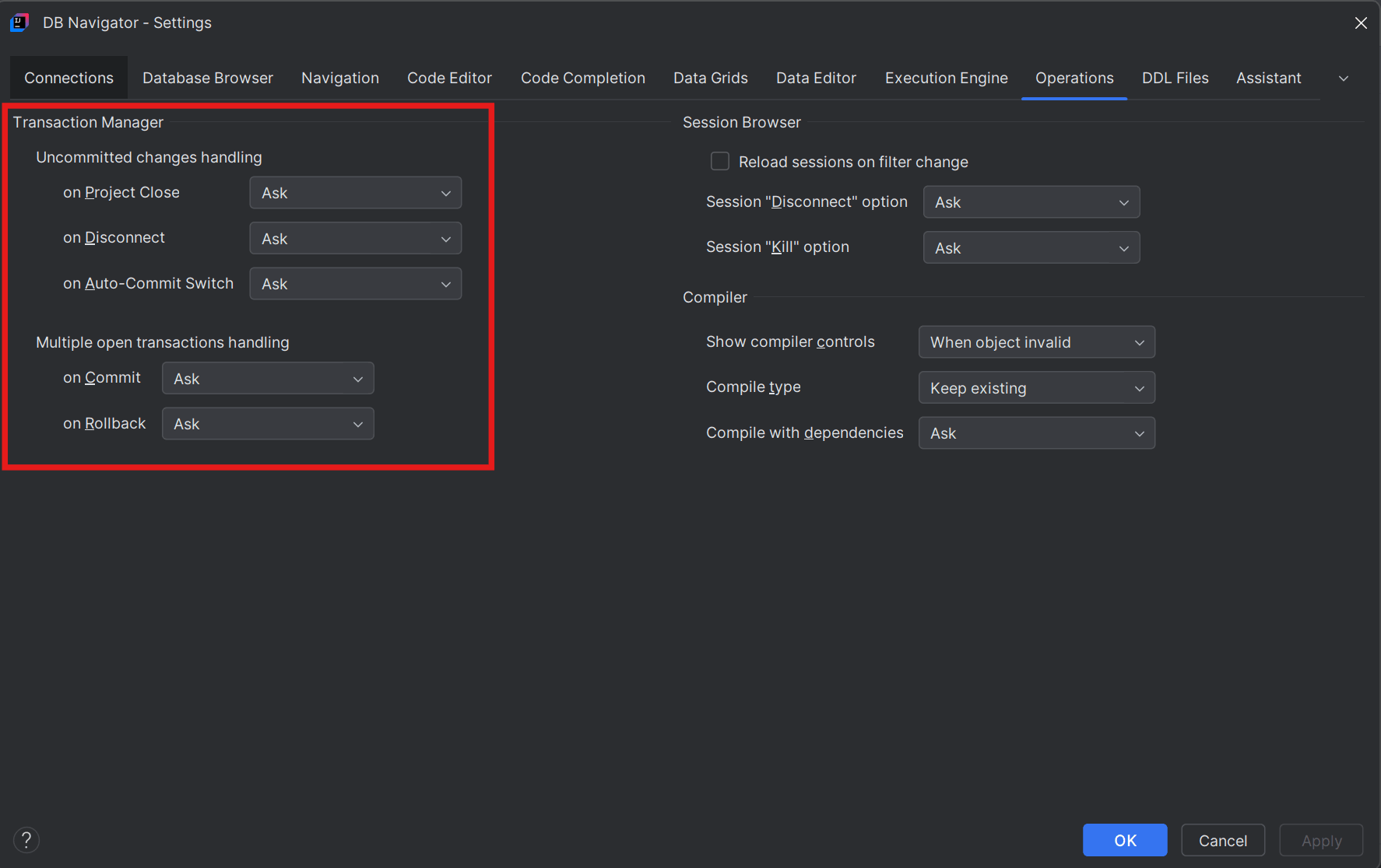 Transaction Manager settings