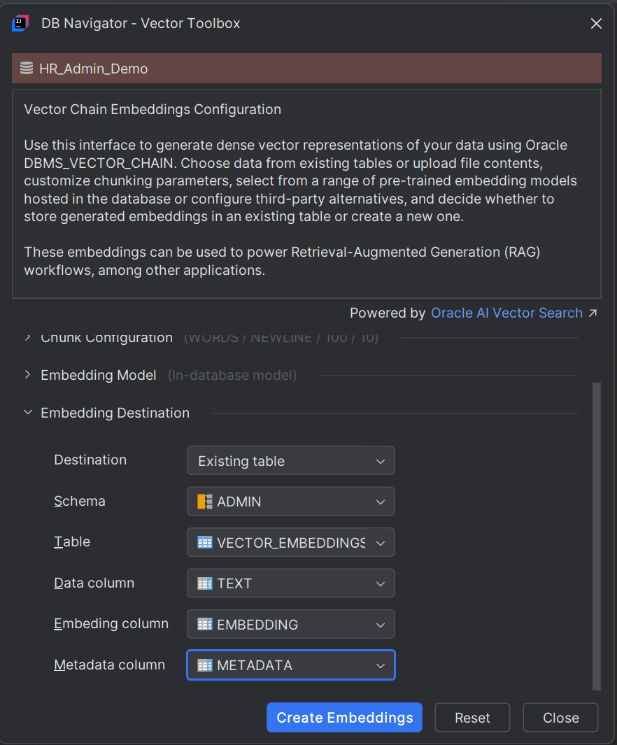 Embedding Destination - Existing DB Table