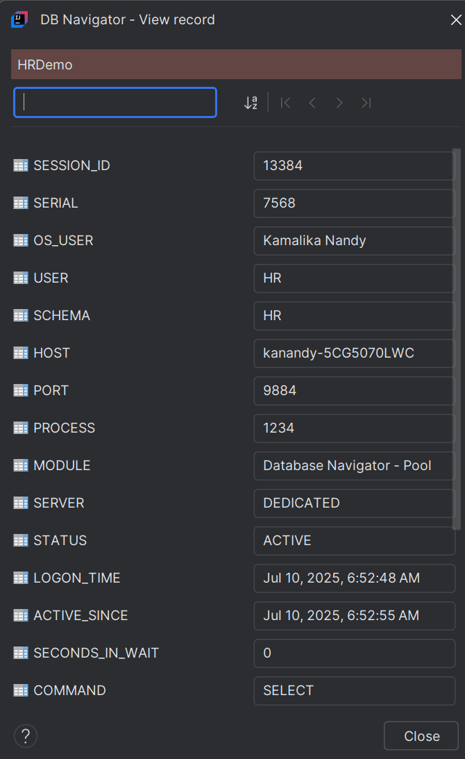 Details of database session