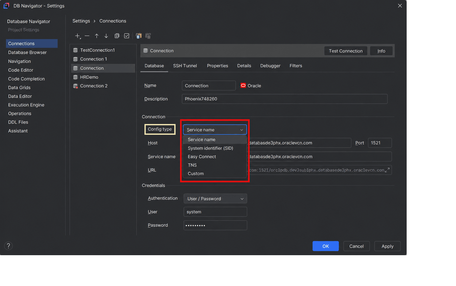 Config types for creating database connection