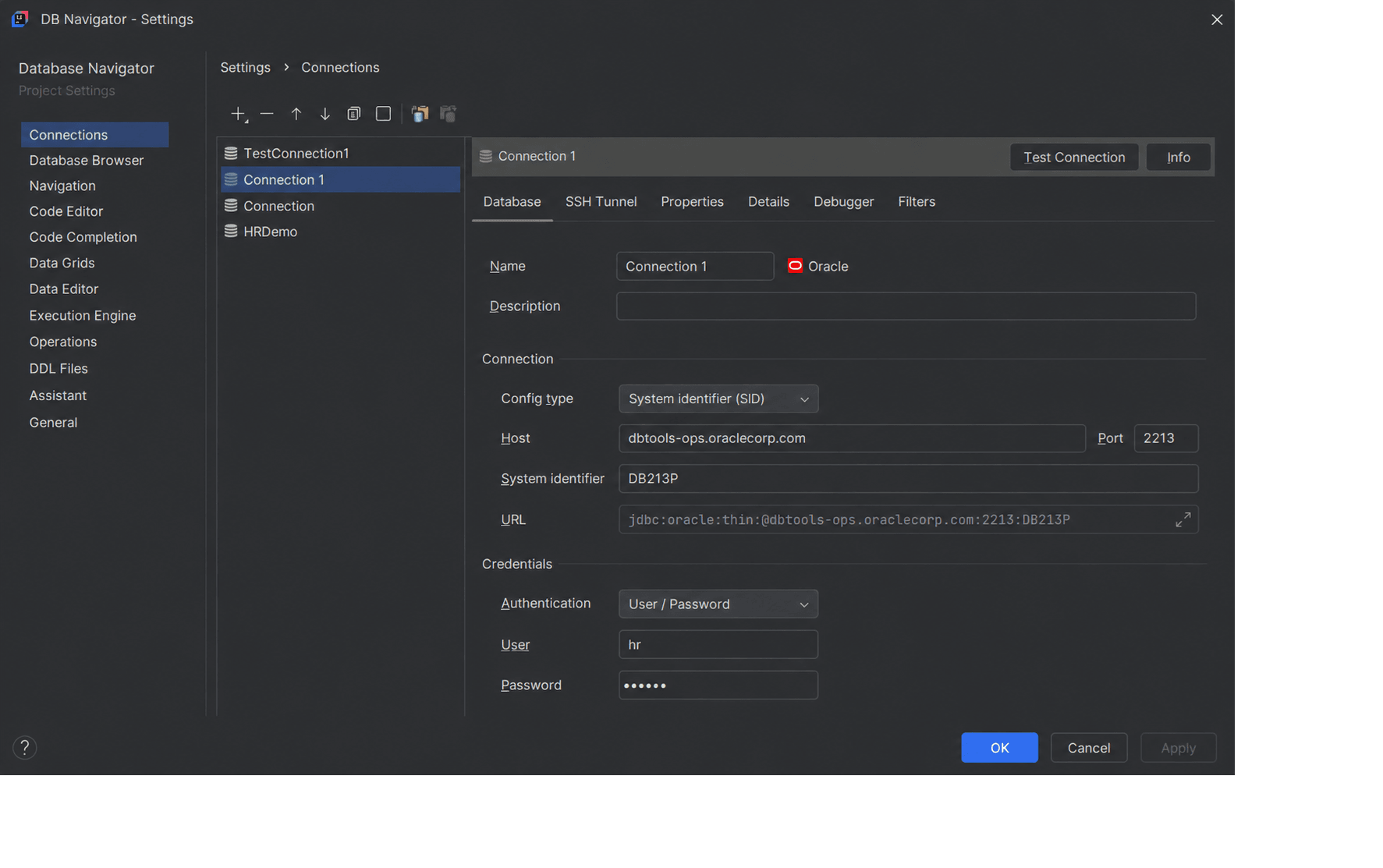 Connection Details settings