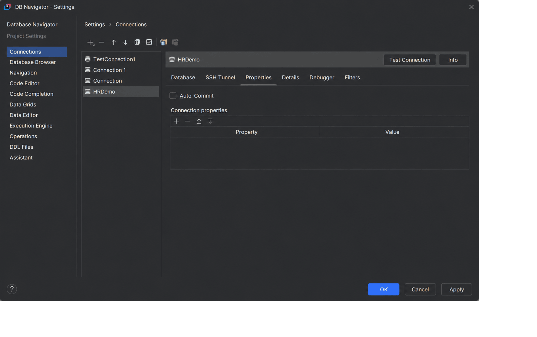 Database Connection Properties tab Database Connection Properties tab
