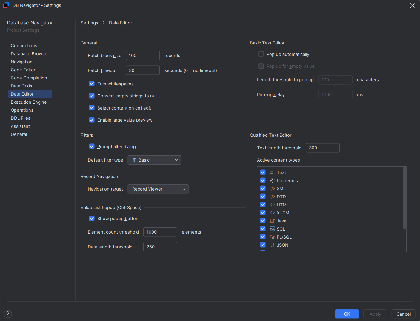 Data Editor settings