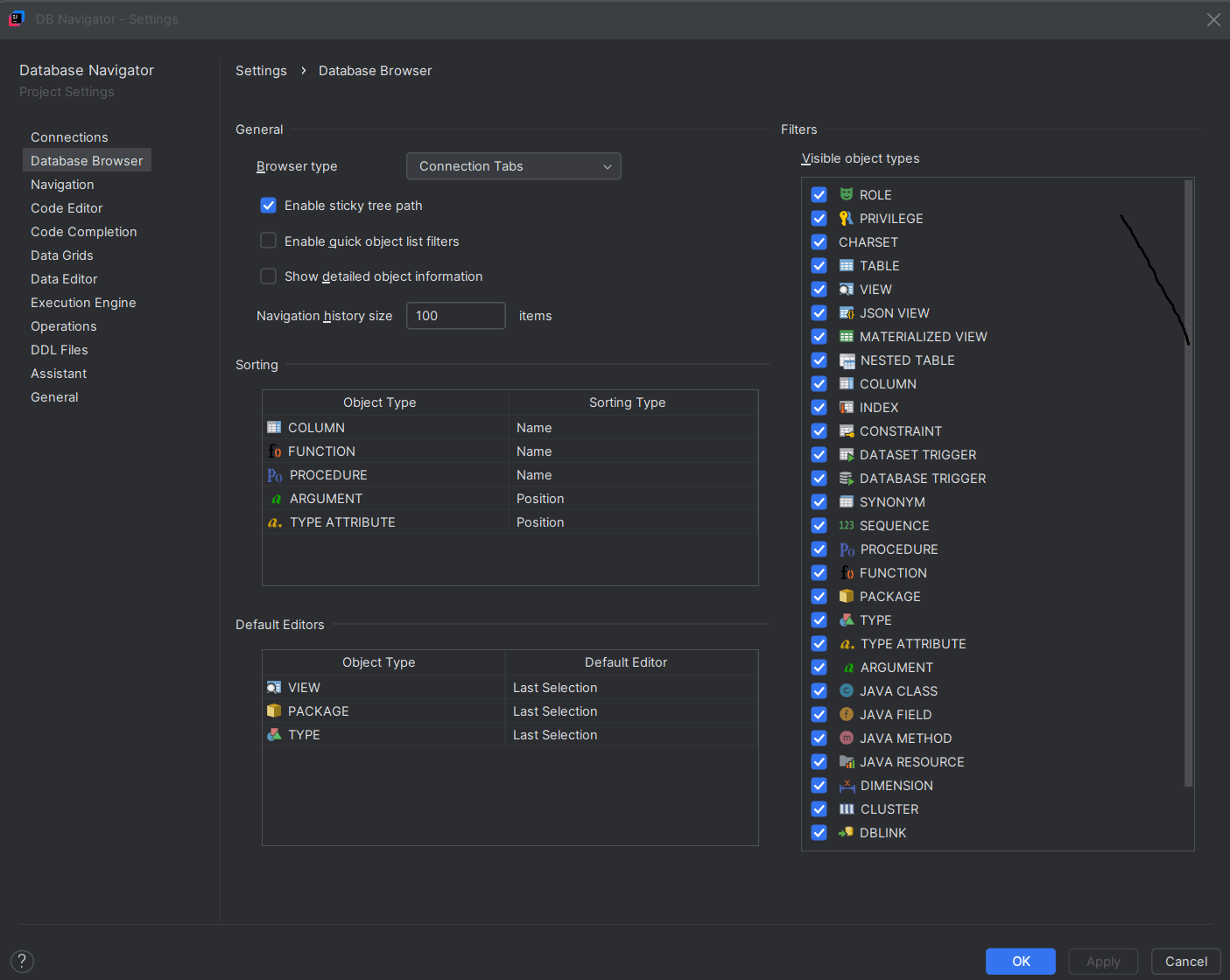 Database Browser settings
