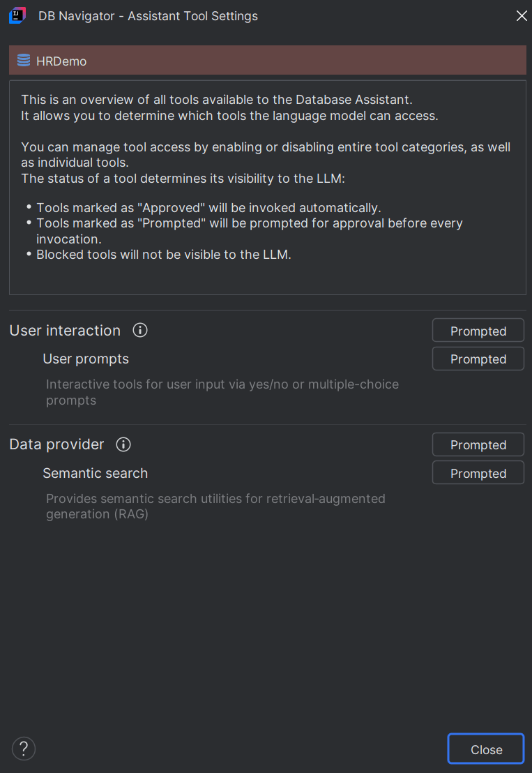 Tool Settings for RAG operating mode