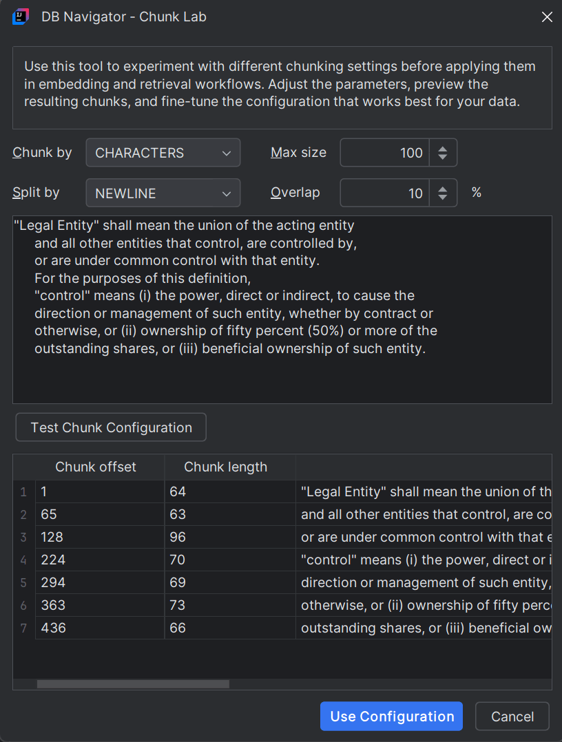 DB Navigator - Chunk Lab dialog box