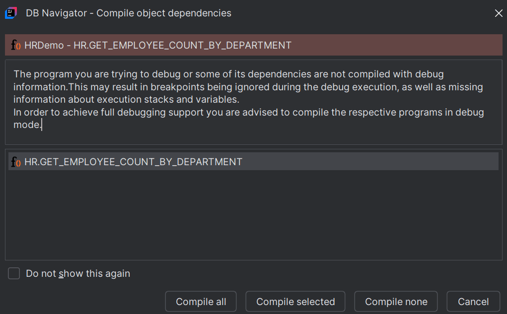 DB Navigator - Compile object dependencies dialog box