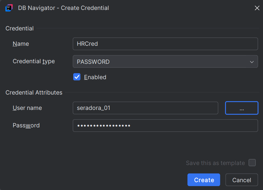 DB Navigator Create Credential dialog box