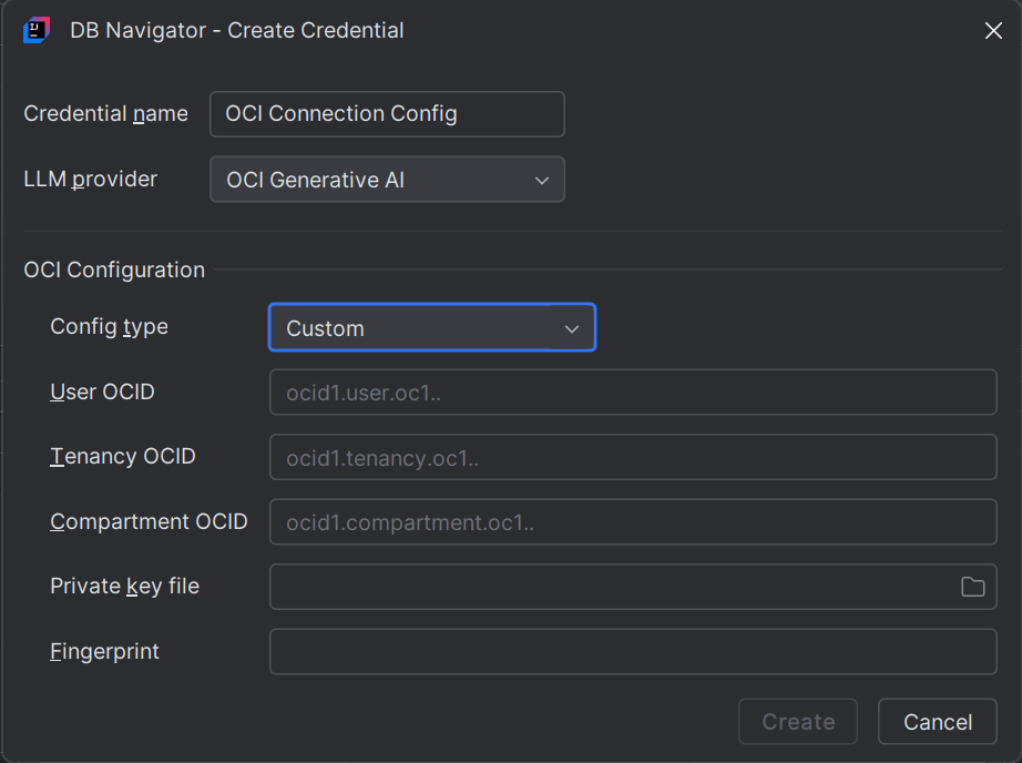Create Credential for OCI GenAI using Custom configuration
