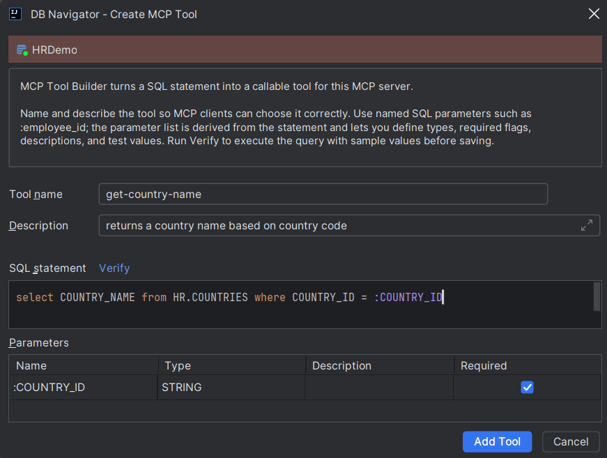 DB Navigator - Create MCP Tool dialog box