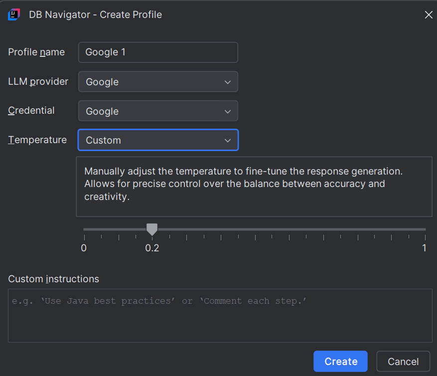 DB Navigator - Create Profile with Custom Temperature