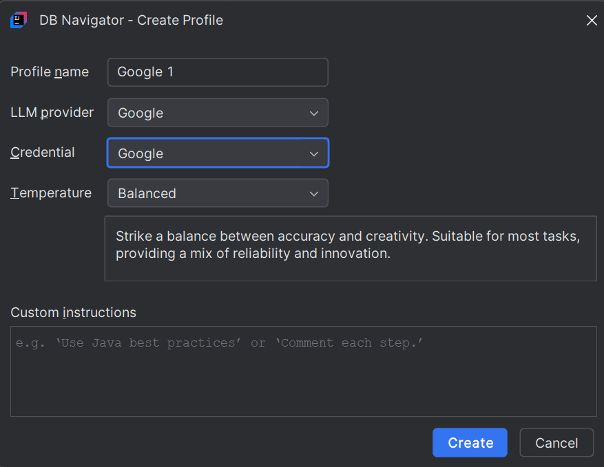DB Navigator - Create Profile dialog box