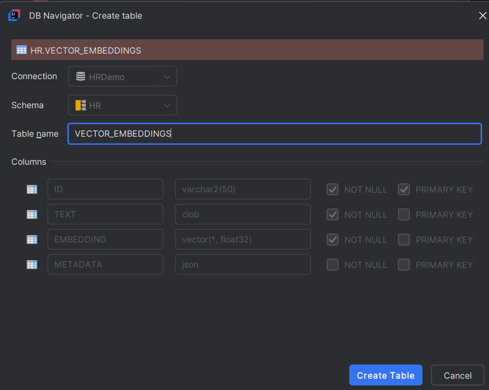 Create New Table to store Vector Embedding