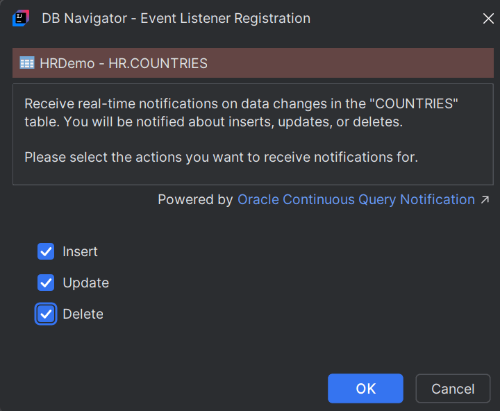 DB Navigator - Event Listener Registration dialog box