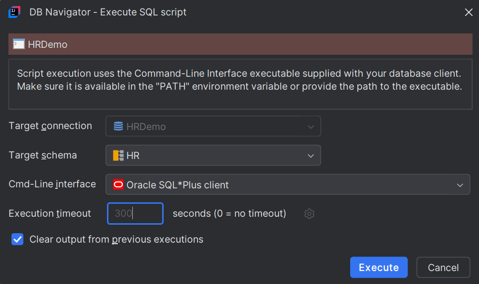 Execute SQL Script dialog box