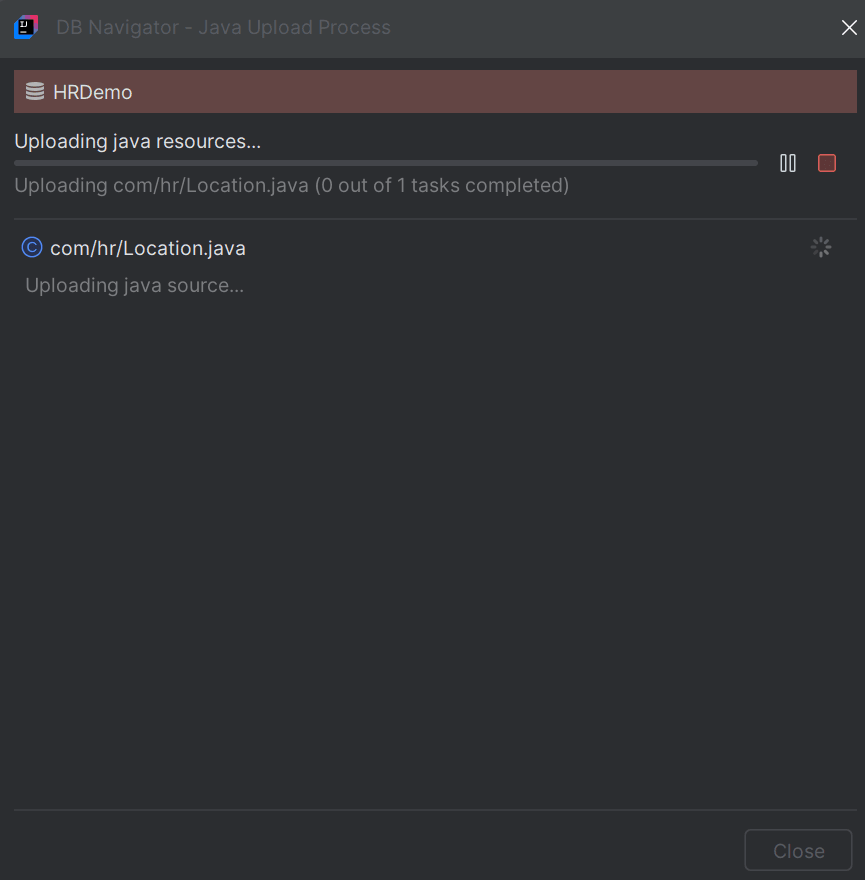 DB Navigator - Java Upload Process dialog box DB Navigator - Java Upload Process dialog box
