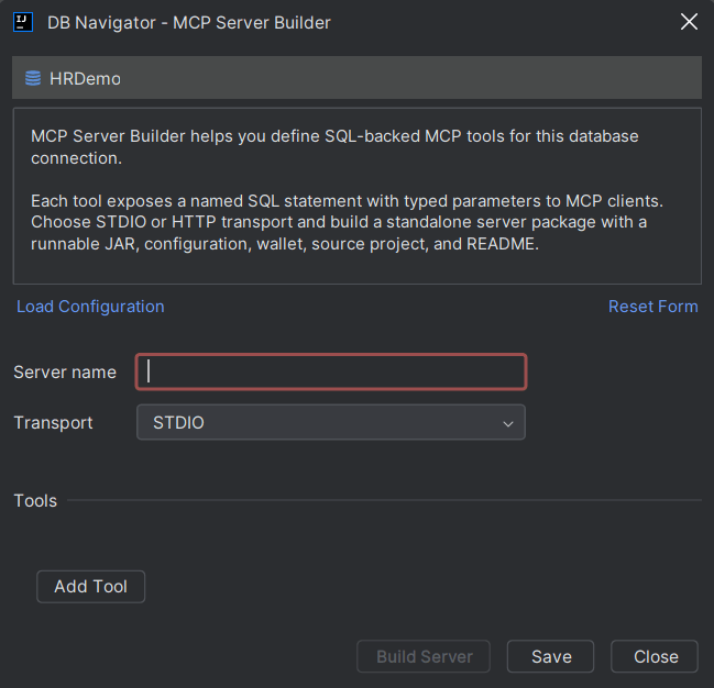 DB Navigator - MCP Server Builder window