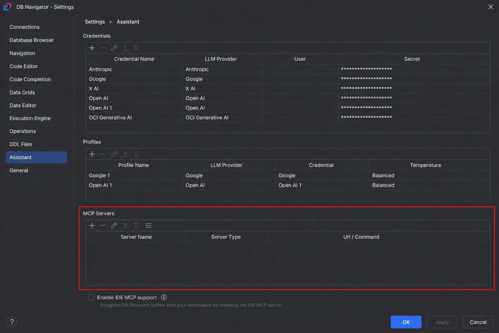 DB Navigator - Assistant Settings MCP Servers section