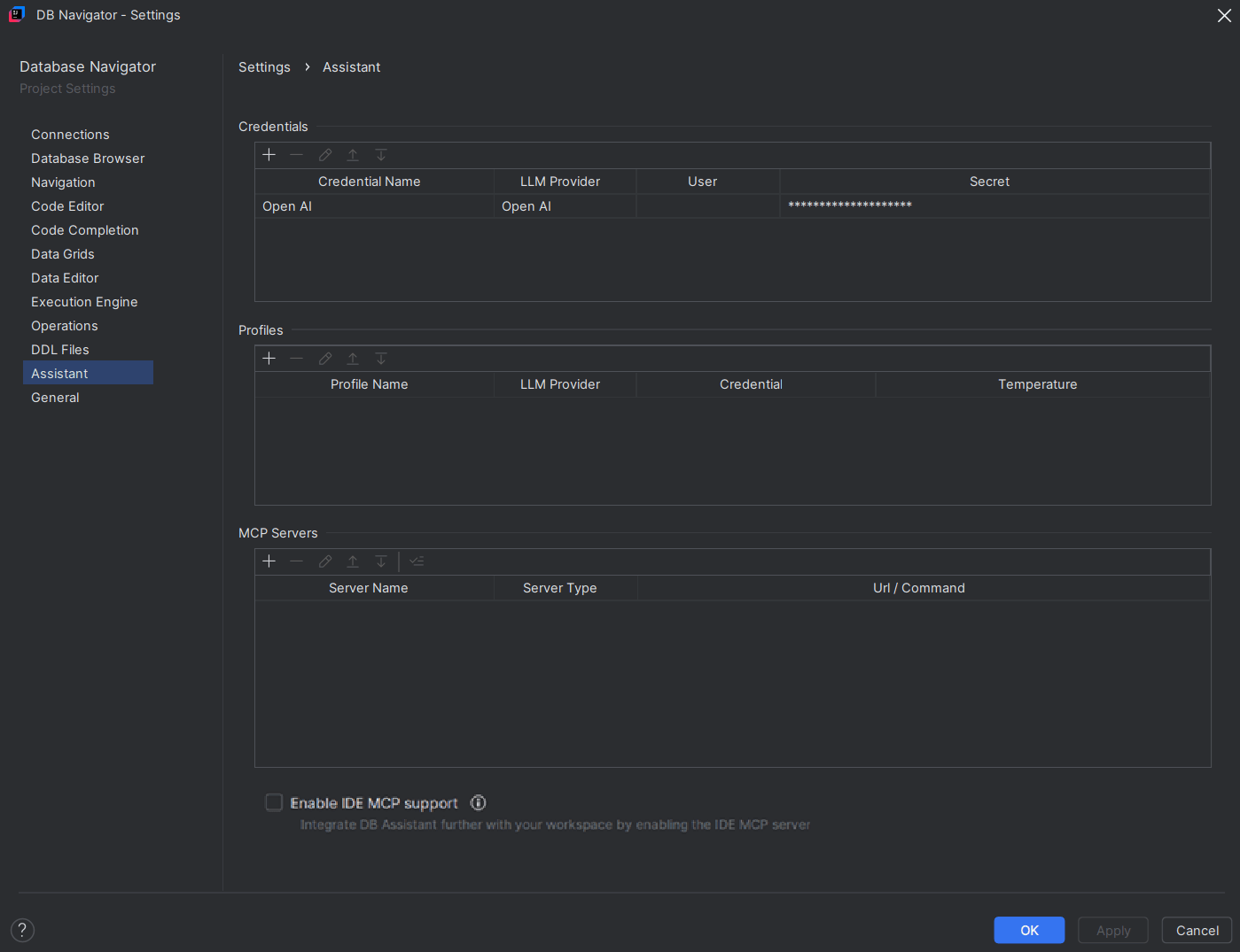 DB Navigator - Settings window for DB Assistant