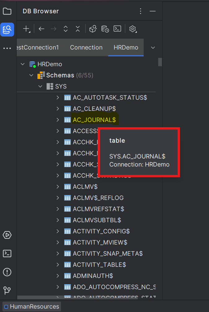 Viewing object details in DB Browser window widgets