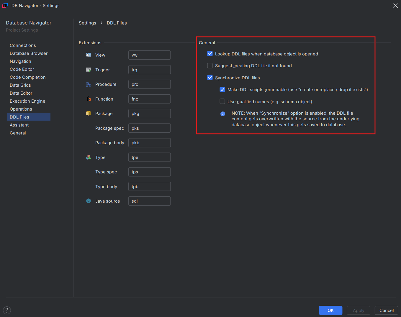 DDL File settings