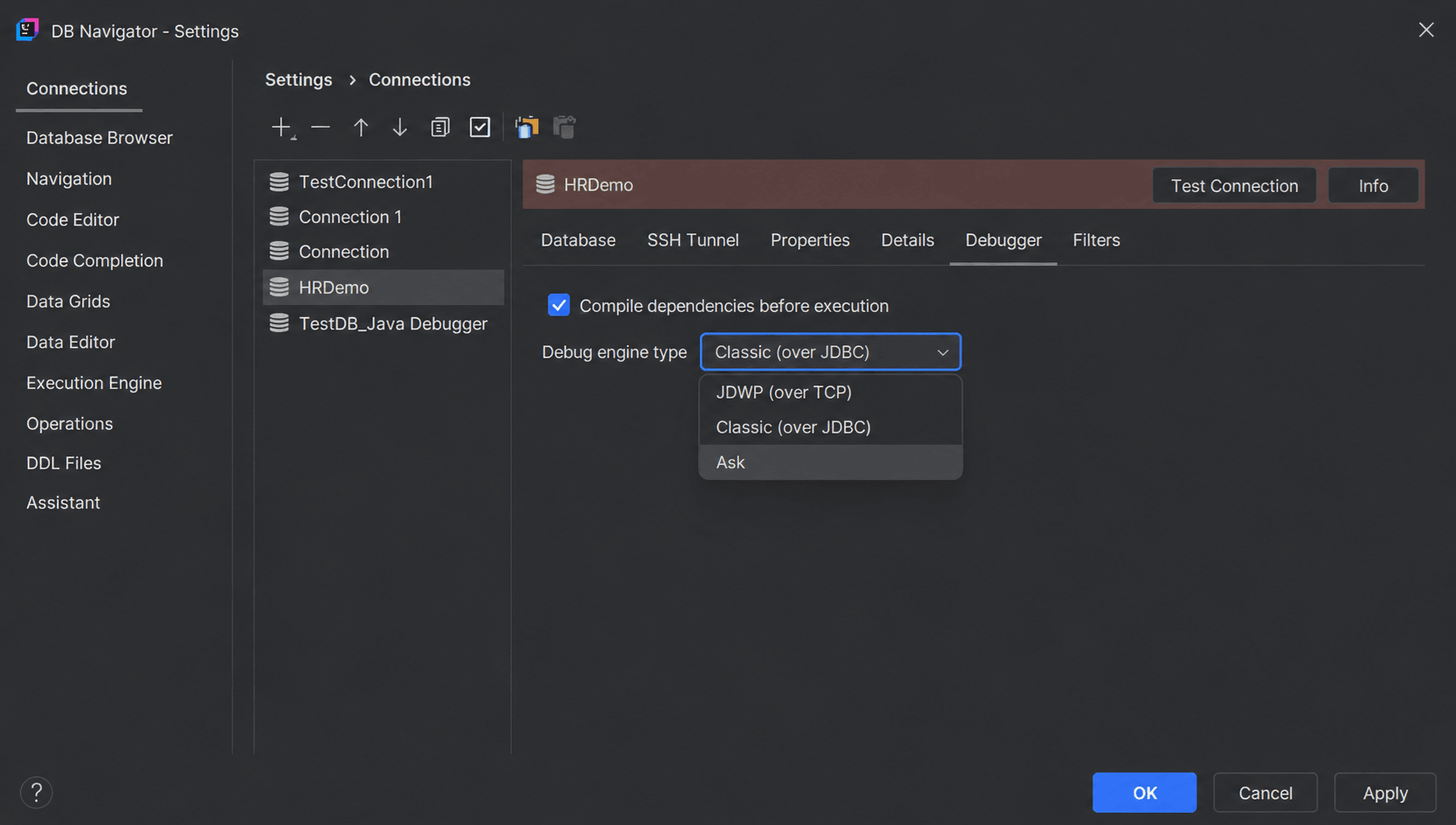Debug Engine Types for database connections Debug Engine Types for database connections