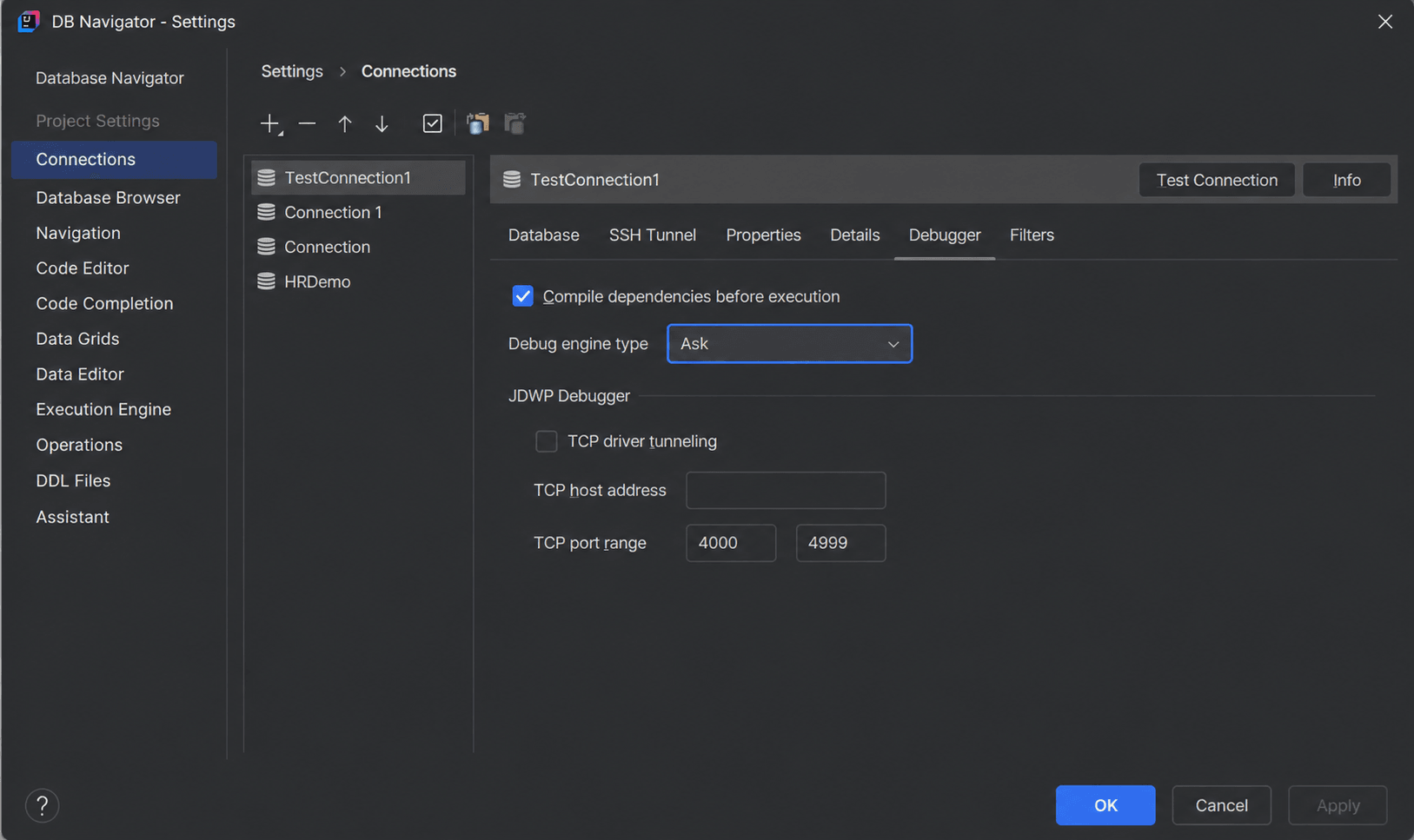 Debugger settings tab for a DB connection Debugger settings tab for a DB connection
