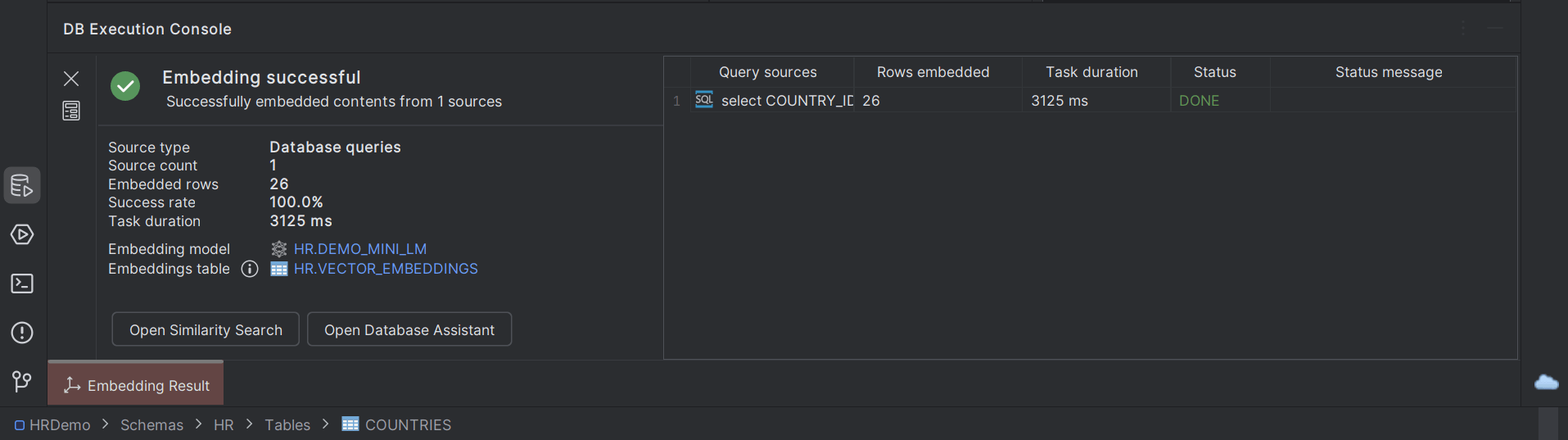 DB Execution Console result for DB Query