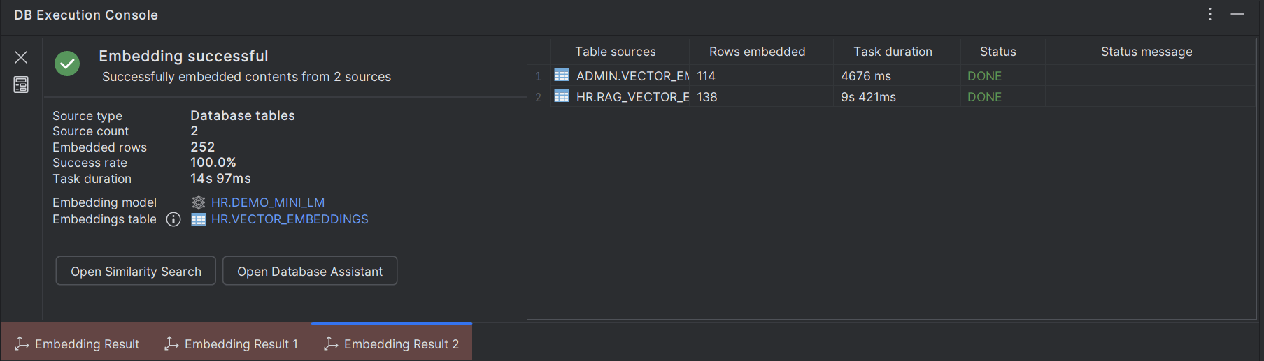 DB Execution Console - Vector Embedding Results