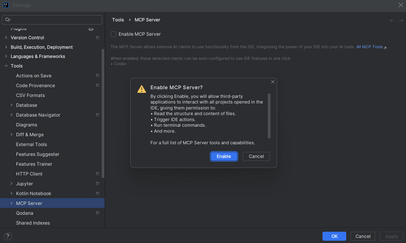 Enable IDE MCP Server confirmation message