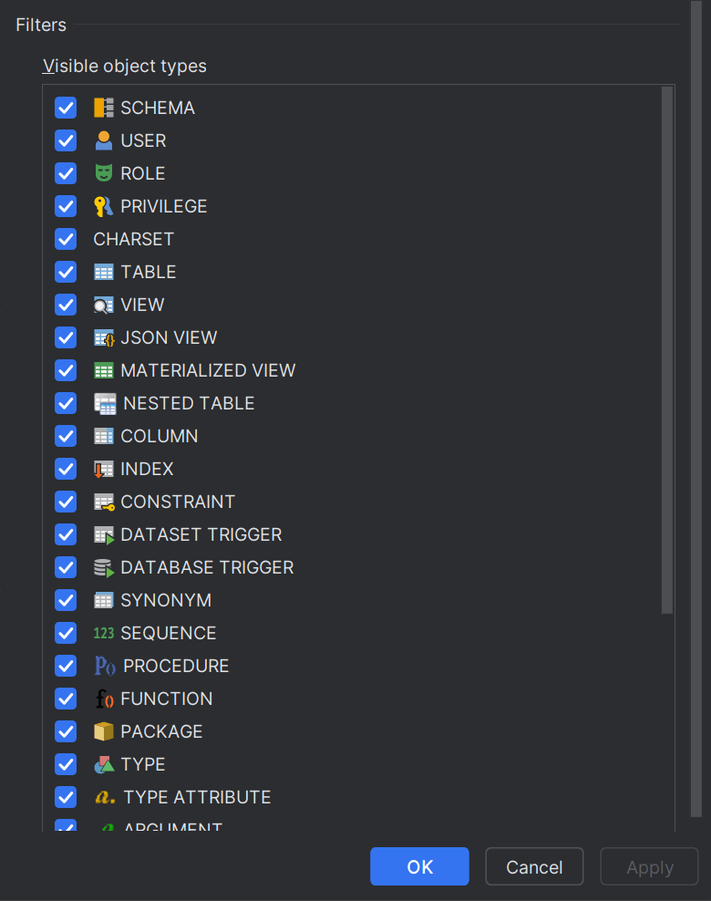 Filter DB objects to view in the DB Browser window