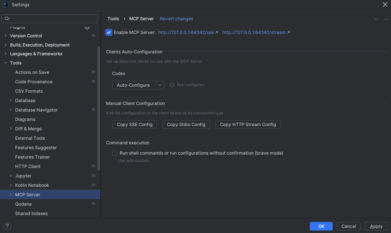 IDE MCP Server Settings page