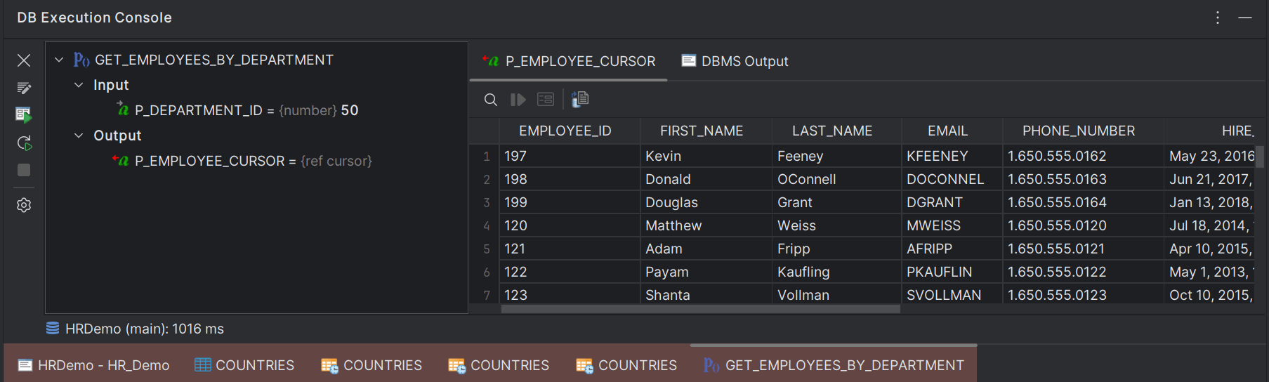 Method execution result in DB Console window