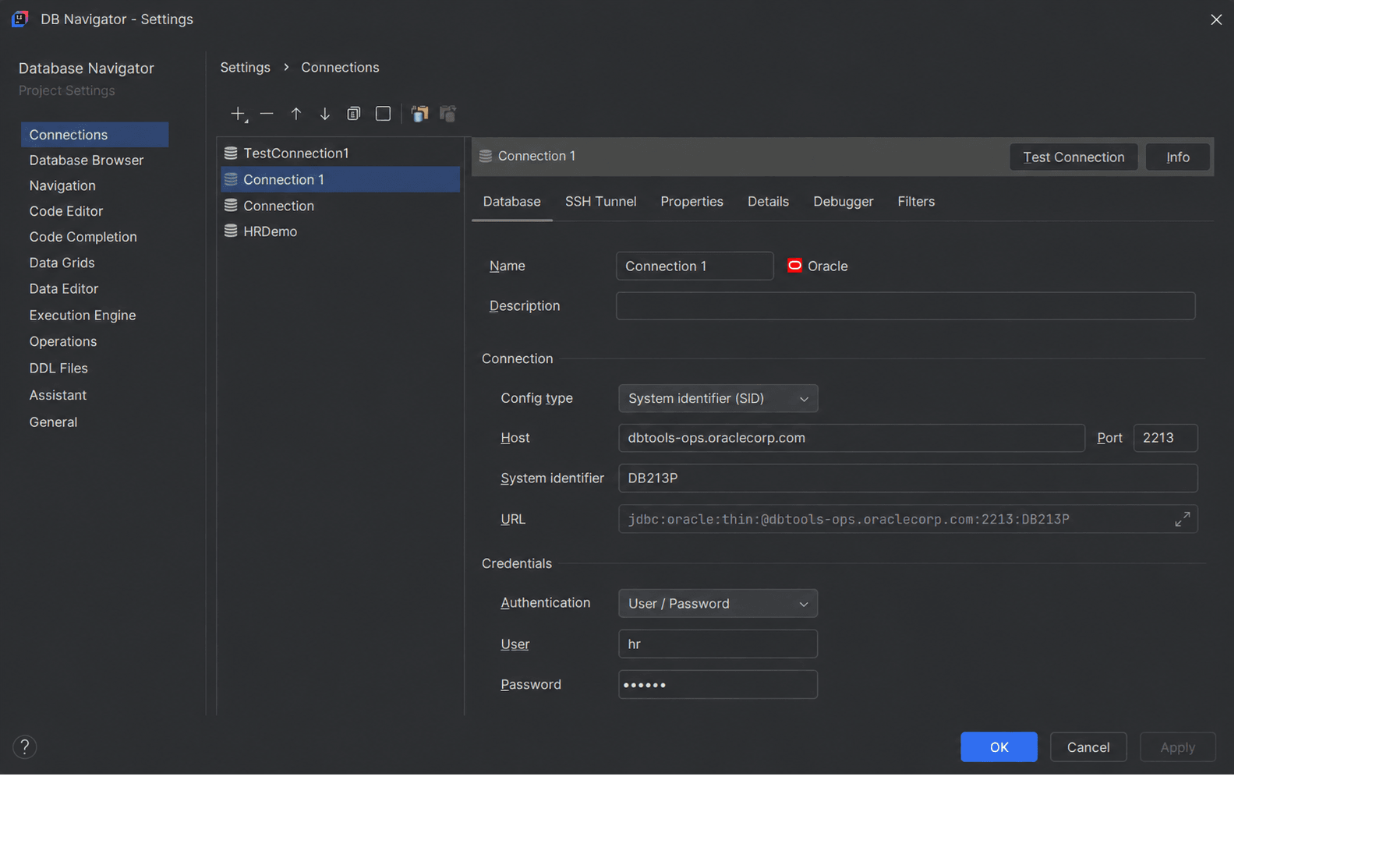 Create new database connection wizard