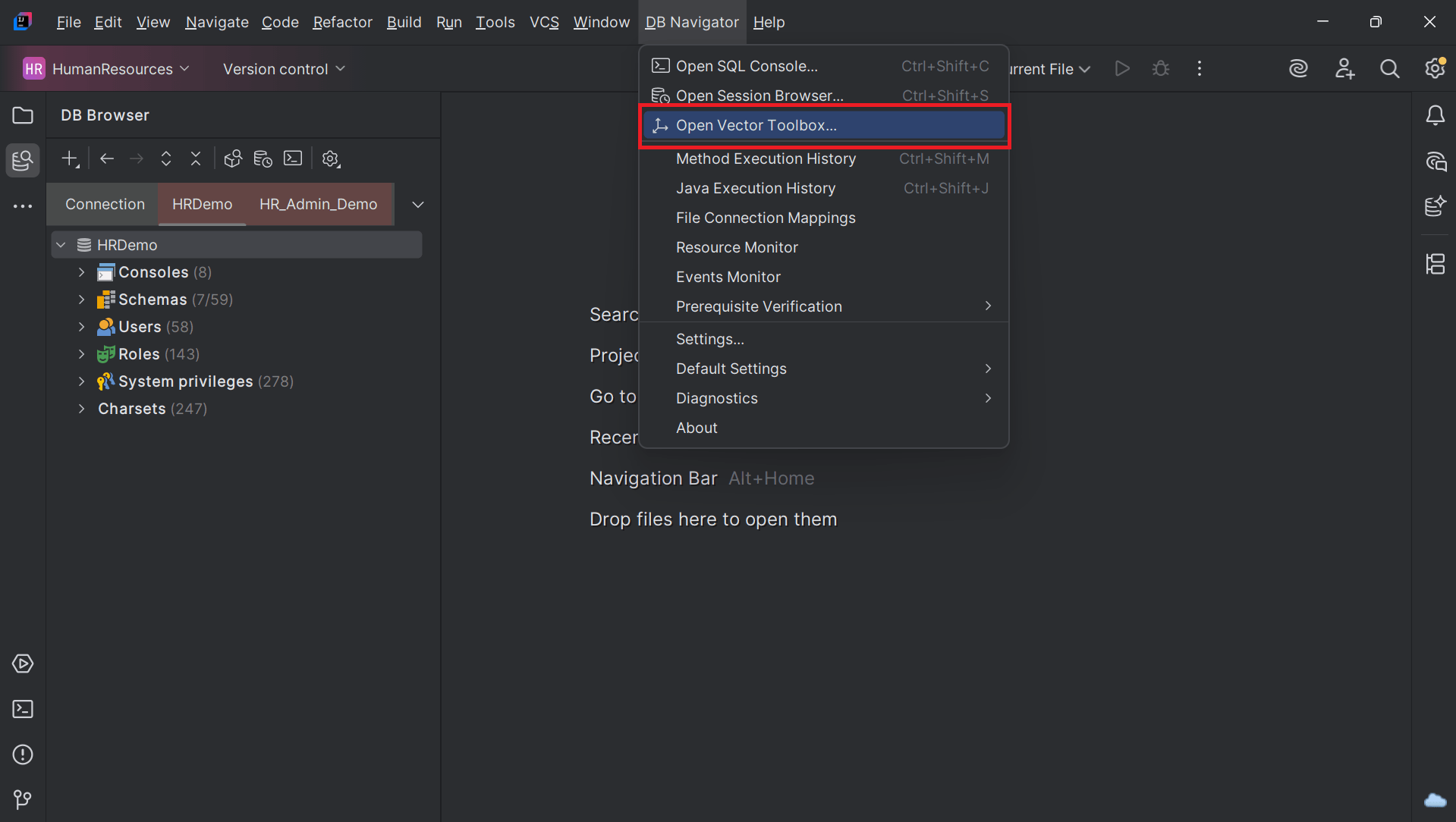 Open Vector Toolbox from DB Navigator Toolbar Open Vector Toolbox from DB Navigator Toolbar