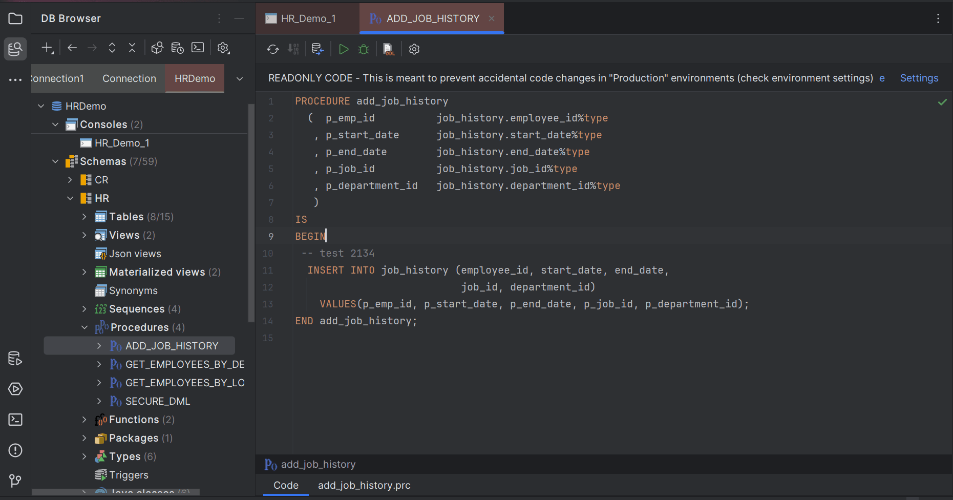 Database object open in SQL editor pane