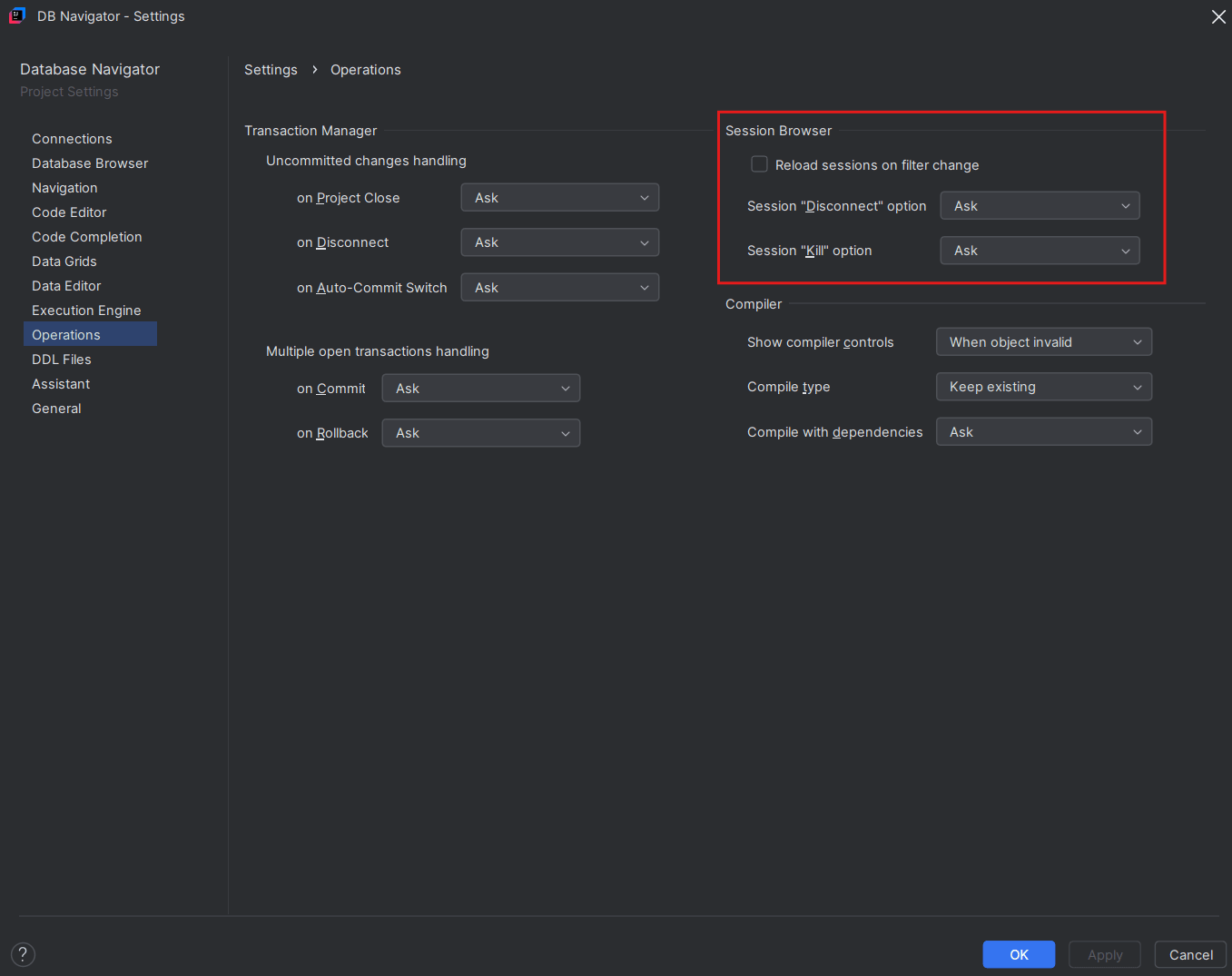 Session browser settings Session browser settings