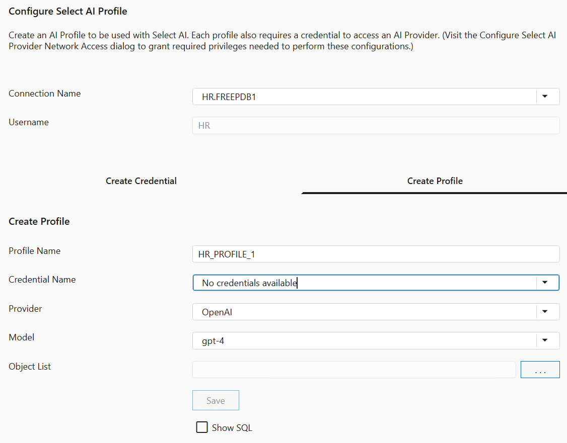 Screenshot of Configure Select AI Profile Dialog Profile