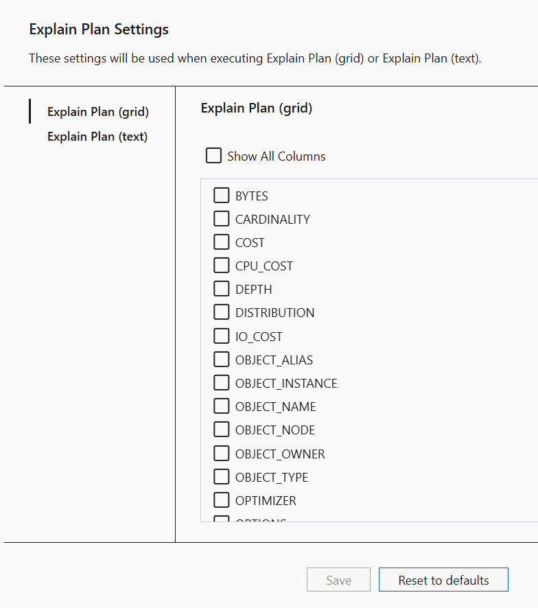 Screenshot of Explain Plan Settings page