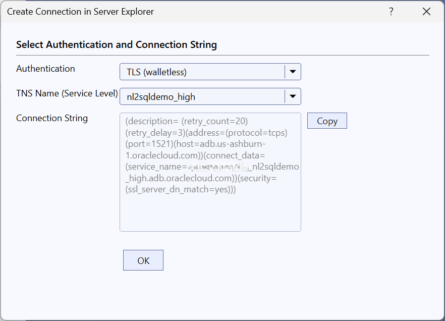 Screenshot of Get Connection Strings Dialog