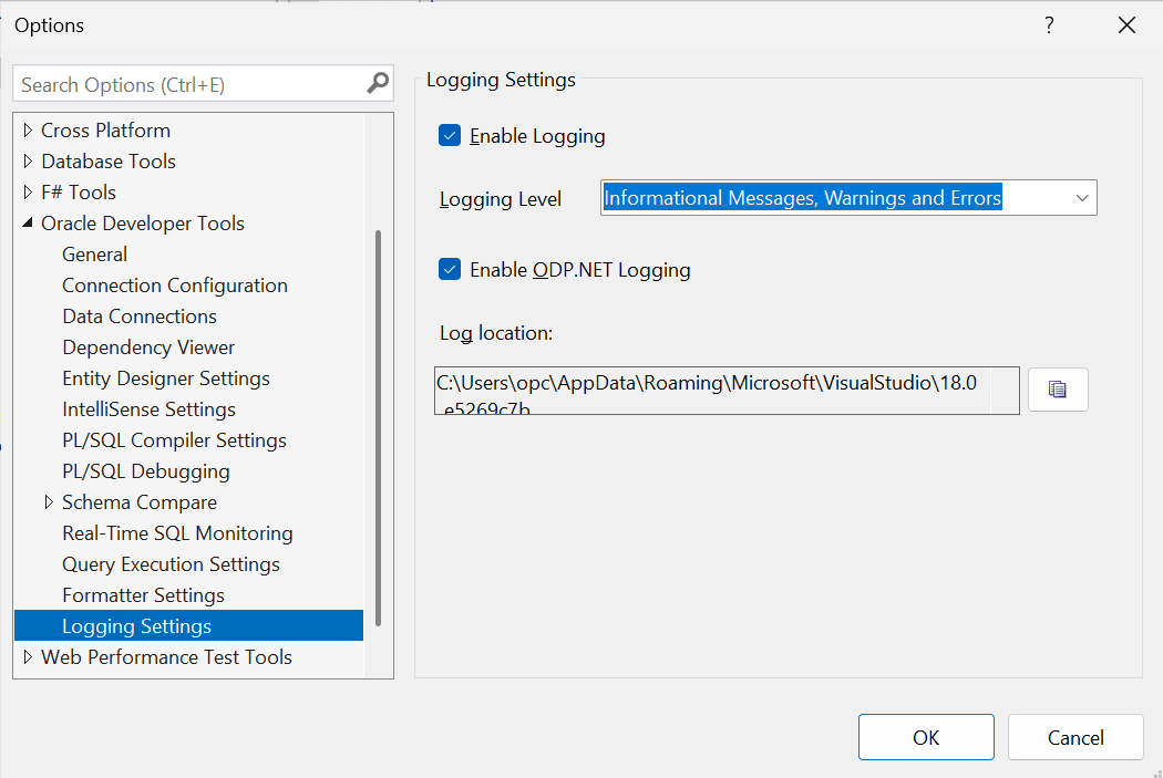 Screenshot of the Logging Settings dialog