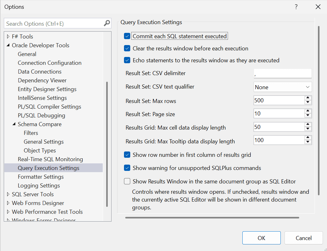 Screenshot of Query Execution Settings page