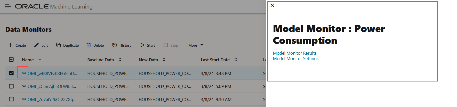 Data Monitors page displaying the associated model monitors results and settings