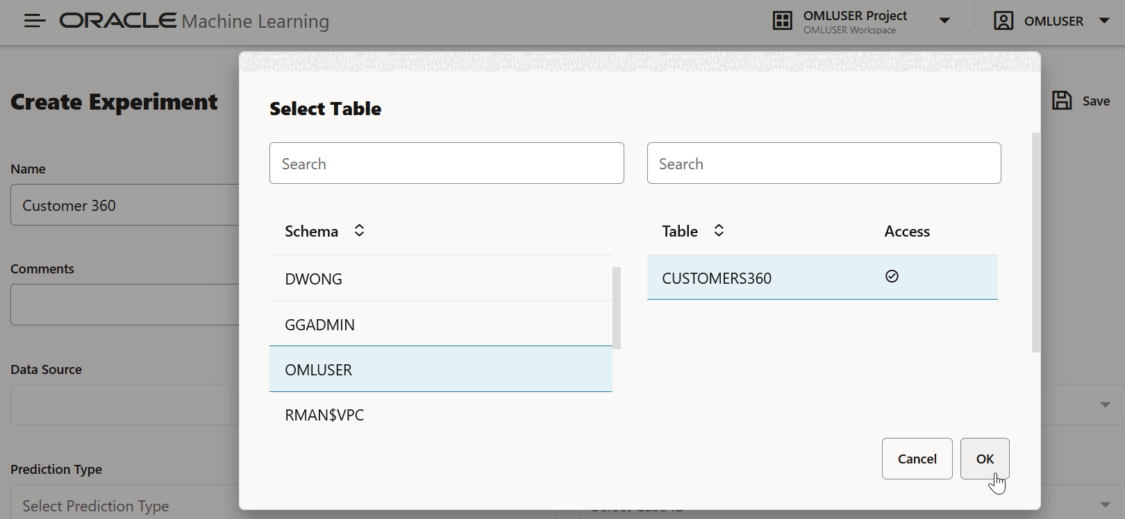 Select Table dialog