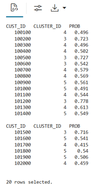 This image shows the first 20 rows of dynamic scoring view 'KM_PRED_VIEW' This image shows the first 20 rows of dynamic scoring view 'KM_PRED_VIEW'