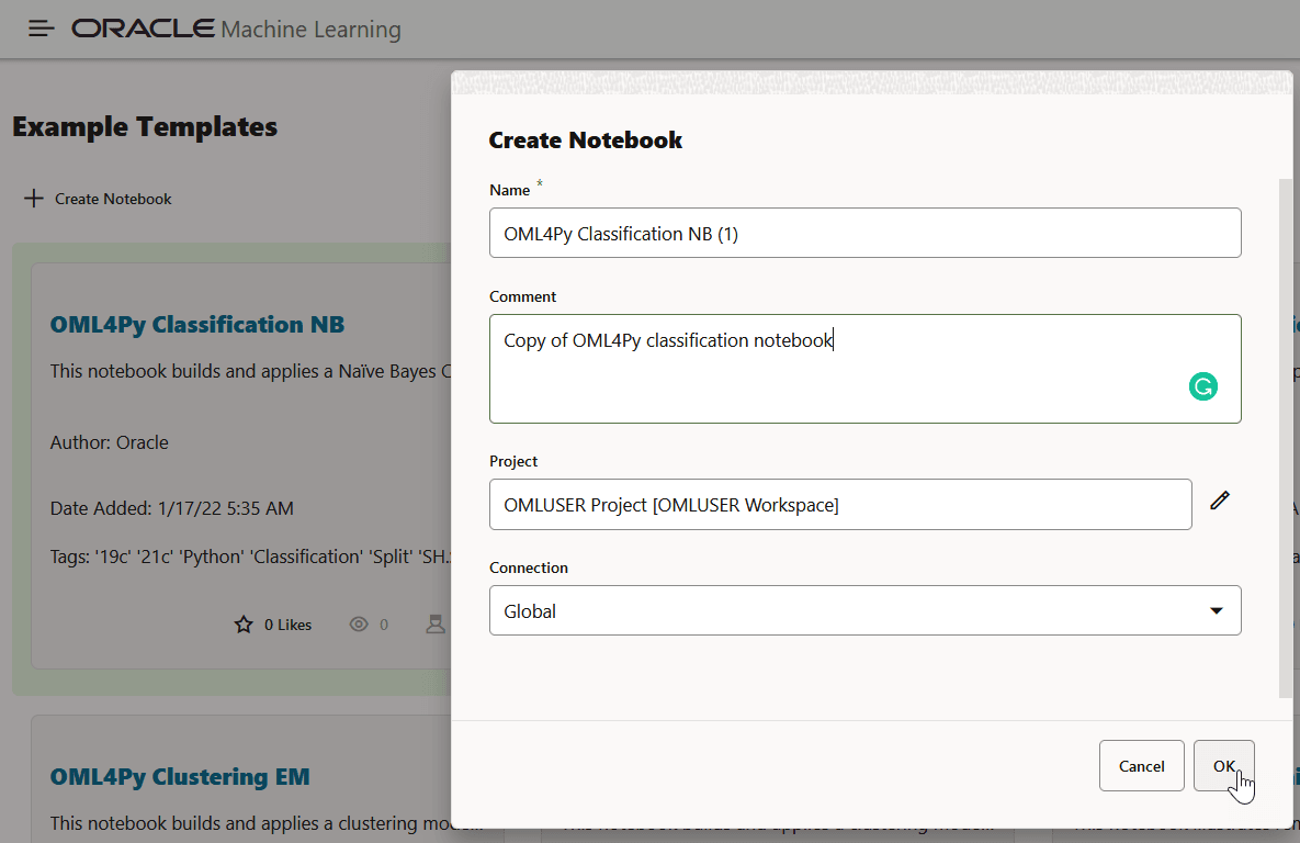 Create Notebook dialog